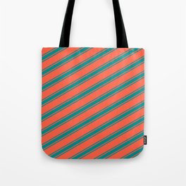 [ Thumbnail: Red & Dark Cyan Colored Lined Pattern Tote Bag ]
