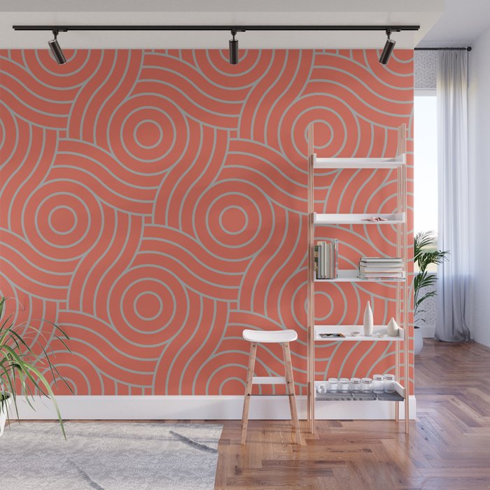 Pantone Living Coral & Storm Gray Circle Swirl Pattern Wall Mural