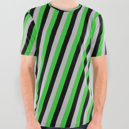 [ Thumbnail: Grey, Lime Green & Black Colored Lines Pattern All Over Graphic Tee ]