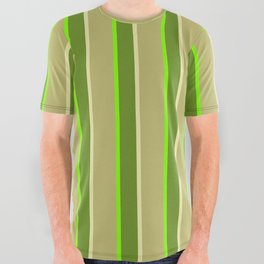[ Thumbnail: Green, Pale Goldenrod, Dark Khaki & Chartreuse Colored Lines/Stripes Pattern All Over Graphic Tee ]