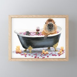 Happy Cappy Bath capybara with wine Framed Mini Art Print