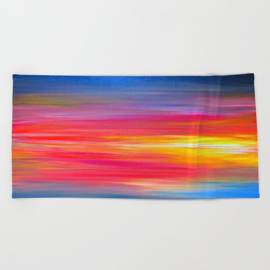 BRIGHT HORIZONS Bold Colorful Rainbow Pink Yellow Blue Abstract Painting Sunrise Sunset Stripes Beach Towel