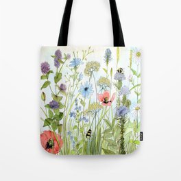 Floral Watercolor Botanical Cottage Garden Flowers Bees Nature Art Tote Bag