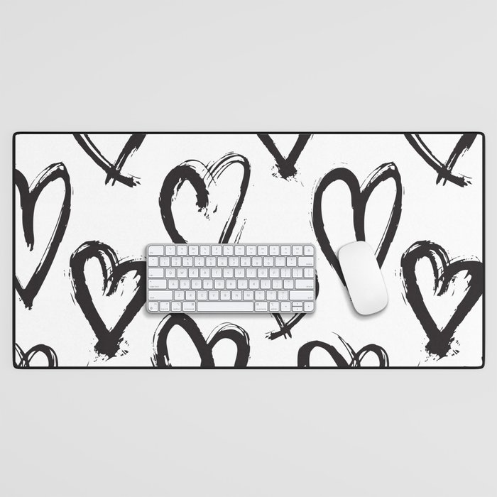 Black White Hand Drawn Hearts Desk Mat