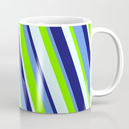 [ Thumbnail: Cornflower Blue, Chartreuse, Light Cyan, and Midnight Blue Colored Lined Pattern Coffee Mug ]