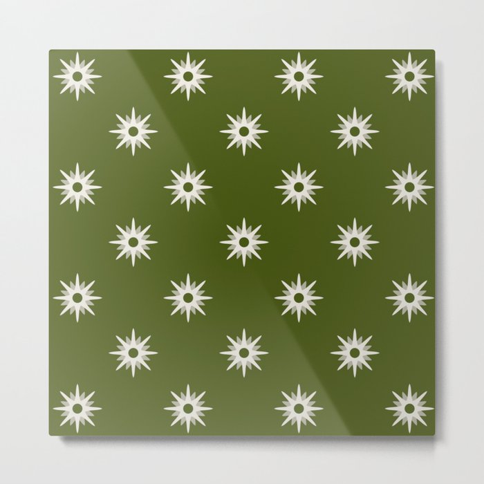 Green atomic mid century white stars pattern Metal Print