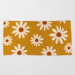 70s Hand Drawn Flower Power Daisies Florals in Yellow, Cream & Brown Beach Towel