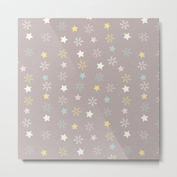 Pastel brown pink yellow Christmas snow flakes stars pattern Metal Print