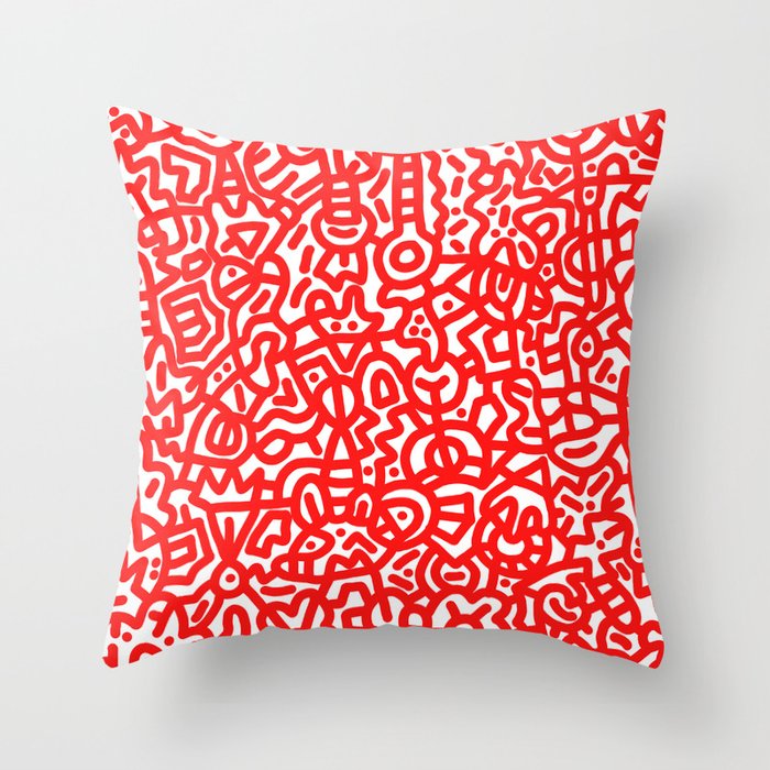 Candy Apple Red on White Doodles Throw Pillow