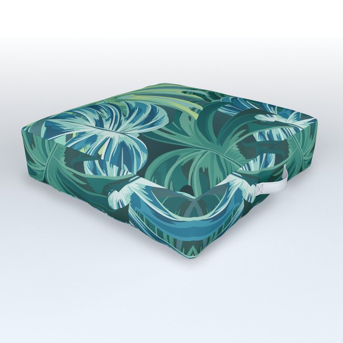 Tropical Monstera Palm Leaves on Teal Outdoor Floor Cushion
