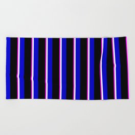 [ Thumbnail: Fuchsia, White, Blue, and Black Colored Lines Pattern Beach Towel ]