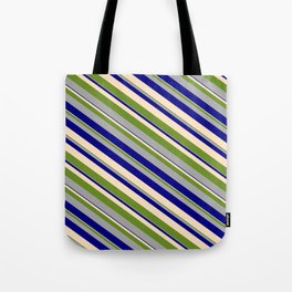 [ Thumbnail: Green, Dark Grey, Blue, and Bisque Colored Stripes/Lines Pattern Tote Bag ]
