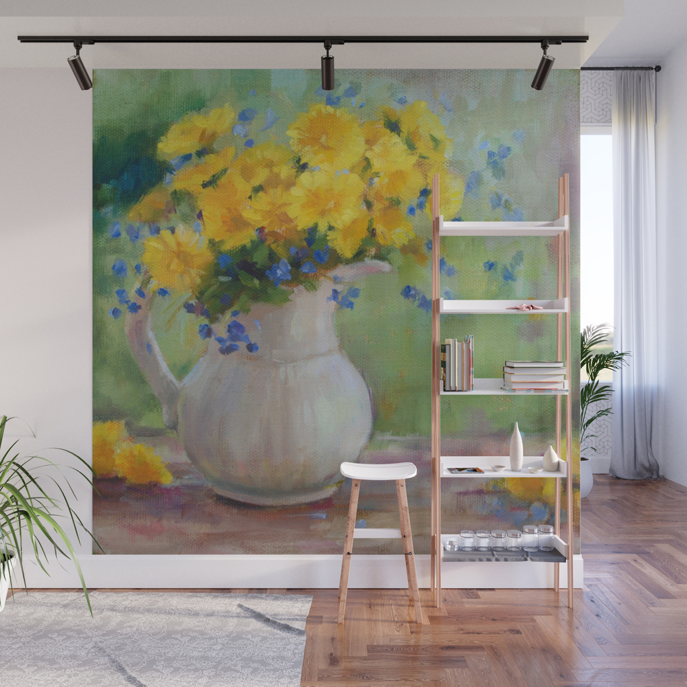 Dandelions and Forget me Not's in Vase Wall Mural by gabiniart