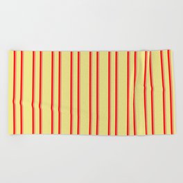 [ Thumbnail: Tan, Red, and Dark Salmon Colored Pattern of Stripes Beach Towel ]