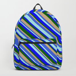 [ Thumbnail: Eye-catching Tan, Royal Blue, Turquoise, Blue & Dark Green Colored Pattern of Stripes Backpack ]