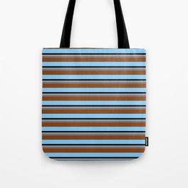 [ Thumbnail: Colorful Slate Gray, Brown, Light Sky Blue, Black & Mint Cream Colored Striped Pattern Tote Bag ]