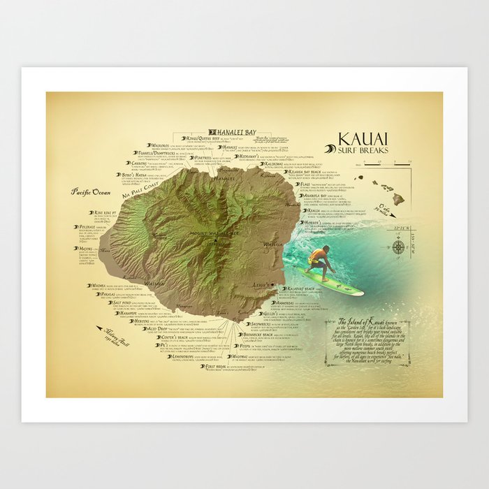 Kauai Surf Break Map Art Print