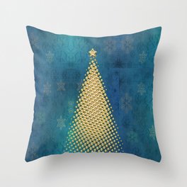Teal Blue Snowflakes with Golden Christmas Tree  Throw Pillow