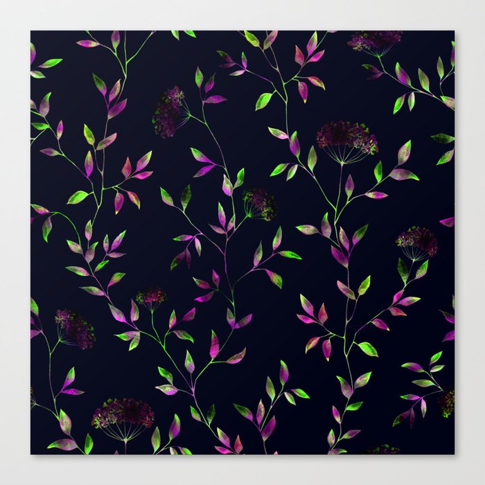Neon foliate seamless pattern on dark background. Canvas Print