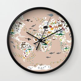 Cartoon world map for children, kids, Animals from all over the world, back to school, rosybrown Wall Clock