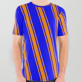 [ Thumbnail: Blue and Dark Orange Colored Lined/Striped Pattern All Over Graphic Tee ]