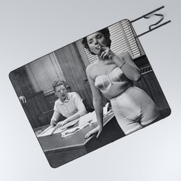Not my circus; not my monkeys defiant woman smoking in office in bra and girdle black and white photograph - photography - photographs Picnic Blanket
