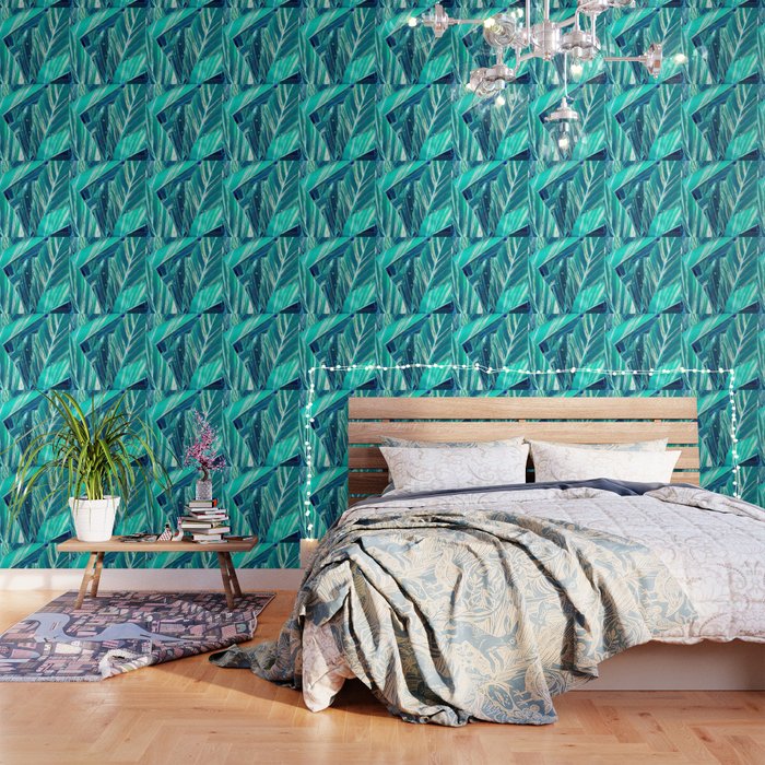 Cobalt Blue And Aqua Tropical Zebra Striped Jungle Leaves