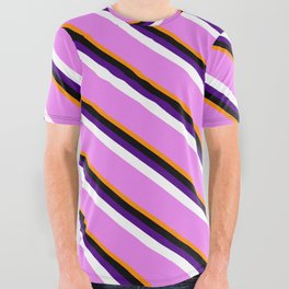 [ Thumbnail: Eye-catching Dark Orange, Black, Indigo, White & Violet Colored Striped/Lined Pattern All Over Graphic Tee ]