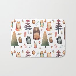 forest friends Bath Mat | Nordic, Bear, Trees, Fox, Owl, Pattern, Racoon, Graphicdesign, Forest, Squirrel 
