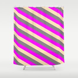 [ Thumbnail: Fuchsia, Beige, and Gray Colored Striped Pattern Shower Curtain ]