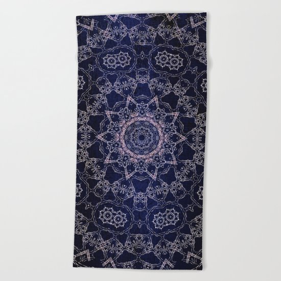 Glowing Nirvana Mandala On Deep Blue Textured Background Beach Towel
