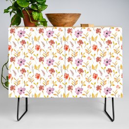 Watercolor Golden Leaves And Pink Flowers Collection Credenza