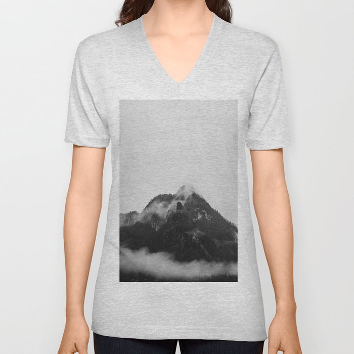 Snow Capped Mountains Fog (Black and White) V Neck T Shirt