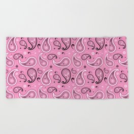 Black and White Paisley Pattern on Pink Background Beach Towel