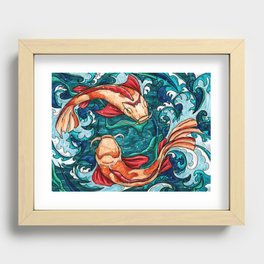 Japanese koi fish painting, koi fish couple in waves Recessed Framed Print