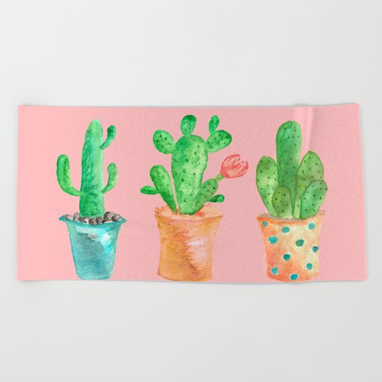 Three Green Cacti On Pink Background Beach Towel