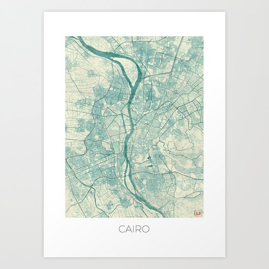 Cairo Map Blue Vintage Art Print