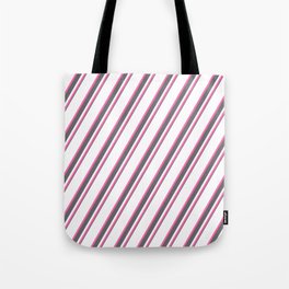 [ Thumbnail: White, Hot Pink & Dim Gray Colored Striped Pattern Tote Bag ]