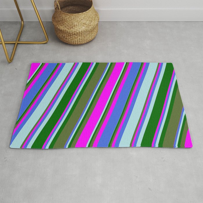 Colorful Dark Olive Green, Fuchsia, Royal Blue, Powder Blue, and Dark Green Colored Lines Pattern Rug
