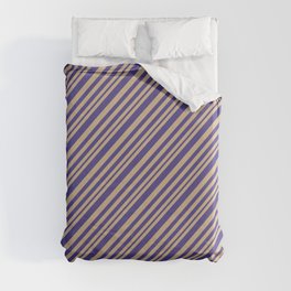 [ Thumbnail: Tan and Dark Slate Blue Colored Lines Pattern Duvet Cover ]