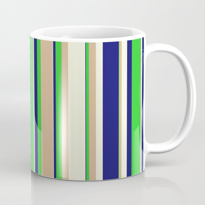Midnight Blue, Lime Green, Tan & Beige Colored Stripes/Lines Pattern Coffee Mug
