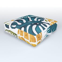 Golden pineapple on palm leaves foliage Outdoor Floor Cushion