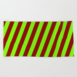 [ Thumbnail: Green & Dark Red Colored Lines Pattern Beach Towel ]