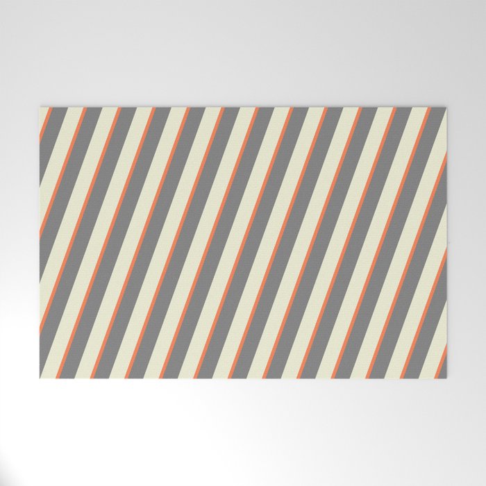 Beige, Coral & Grey Colored Lined Pattern Welcome Mat