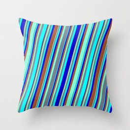 [ Thumbnail: Colorful Aquamarine, Slate Gray, Cyan, Blue & Sienna Colored Striped/Lined Pattern Throw Pillow ]