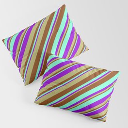 [ Thumbnail: Aquamarine, Dark Violet, Dark Khaki, and Brown Colored Stripes/Lines Pattern Pillow Sham ]