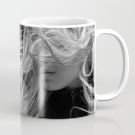 Blond with the wind in her hair black and white portrait photograph / photography / photographs Mug