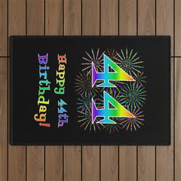 [ Thumbnail: 44th Birthday - Fun Rainbow Spectrum Gradient Pattern Text, Bursting Fireworks Inspired Background Outdoor Rug ]