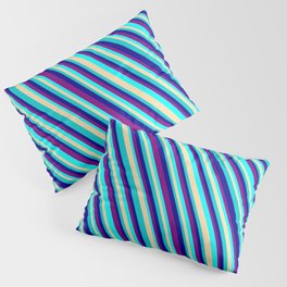 [ Thumbnail: Eye-catching Purple, Aqua, Tan, Dark Turquoise, and Dark Blue Colored Stripes/Lines Pattern Pillow Sham ]