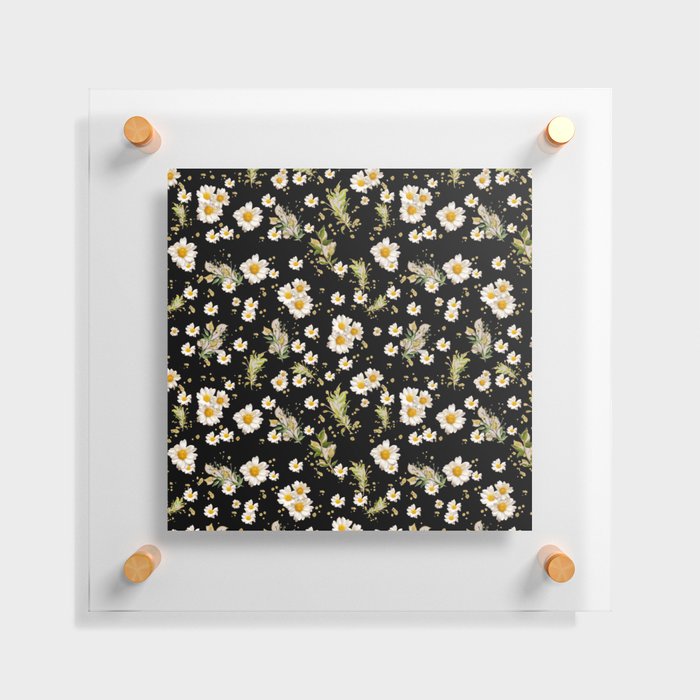 White Daisies Floral Field Pattern Seamless Cottagecore Midnight Black Background Floating Acrylic Print